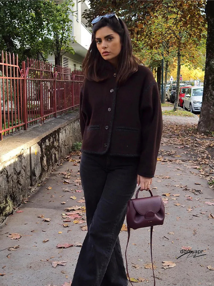 Casual Single-Breasted Woolen Coat Women Autumn Winter Chic Long Sleeve Stand Collar Brown Jacket Female Fashion ddmydec Streetwear 240815