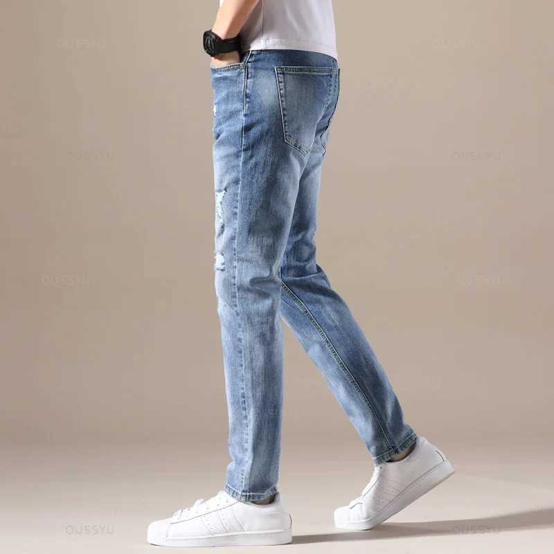 OUSSYU Brand Men Jeans Slim Fit Skinny Denim Jeans Designer Elastic Ripped Hole Pants Blue Stretch Trousers for Men 2840 W250905
