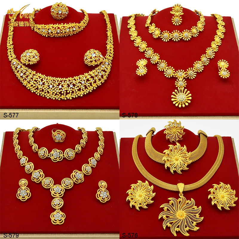 Dubai 24 K gold jewelry bride jewelry set Saudi womens necklace bracelet earring ring set of four 230809