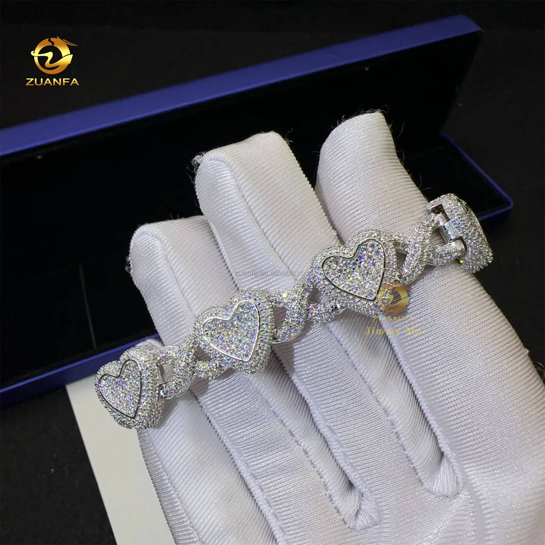 GRA Certificate Prong Setting Rhodium Plated White Iced Out Jewelry VVS1 Moissanite Diamond Heart Shape Hip Hop Cuban Bracelet