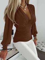 Solid Ruched Deep V Neck Blouse, Casual Long Sleeve Top Spring & Fall, Women's Clothes for Daily Wear, Womenswear