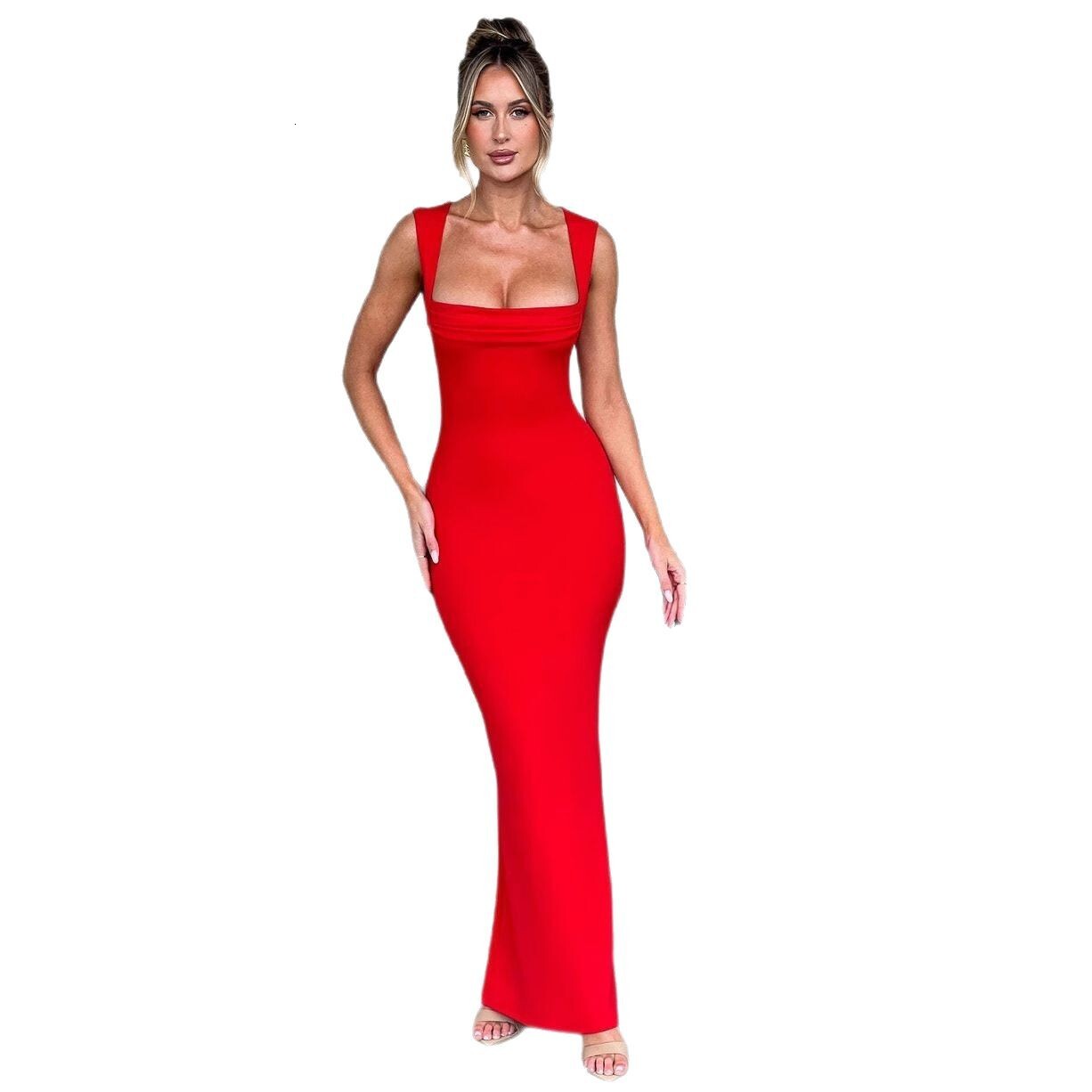 2025 New Sexy Square Neck Womens Summer Dress Slim Waist Solid Color Long Dress