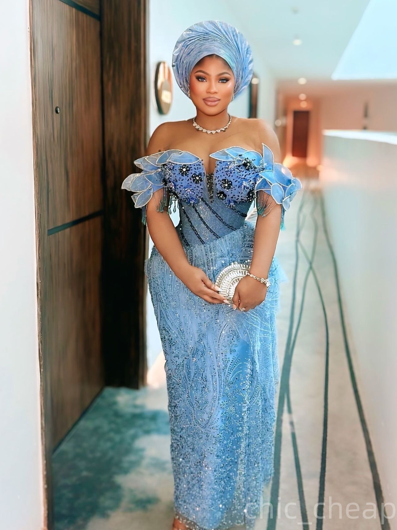 Aso Ebi Light Sky Blue Sheath Prom Dresses 2025 Florals Beaded Crystals Sequined African Evening Formal Party Second Birthday Engagement Dress Gowns r
