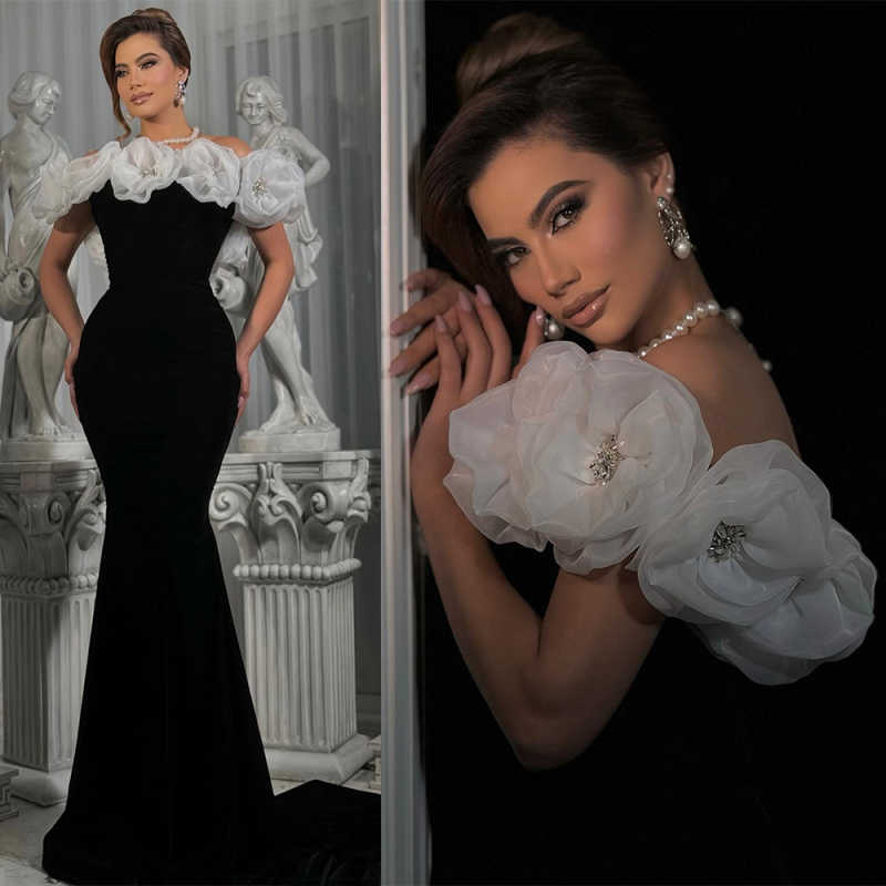 Sexy Off The Shoulder Mermaid Evening Gown Elegant Floral Applique Prom Dress Crystal Sweep Train Party Gown Customized