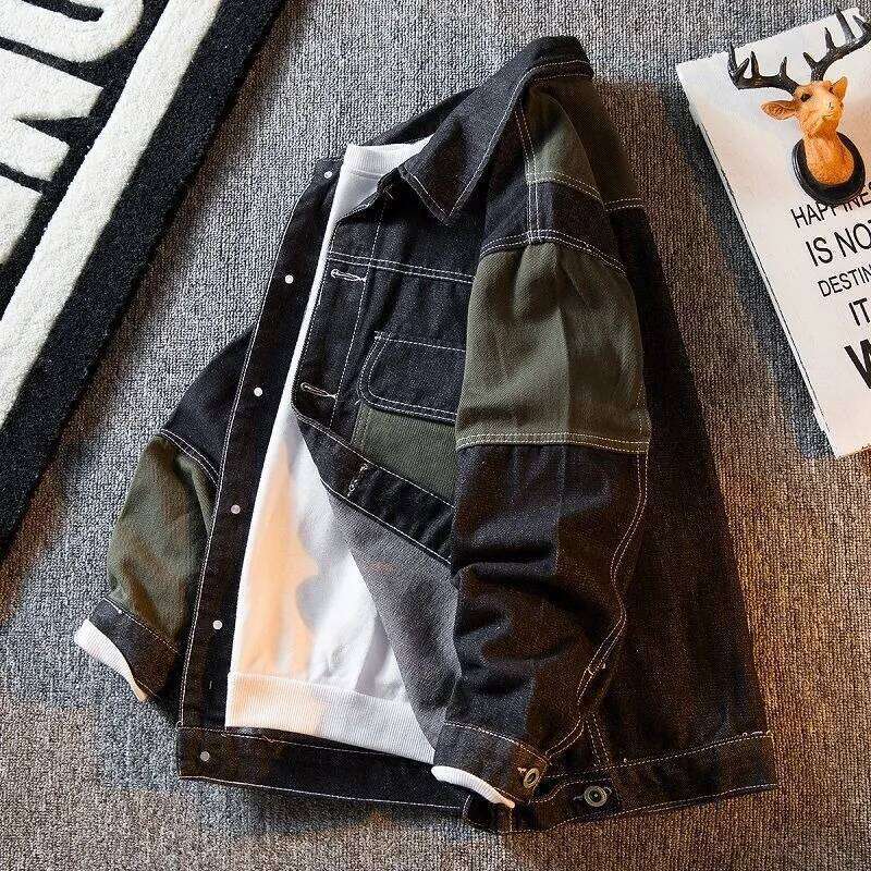 Denim Jackets Man Gray Splicing Autumn Cowboy Coat for Men in Lowest Price Trendy Size L Korean Popular Clothes Worn Outwear Y2k