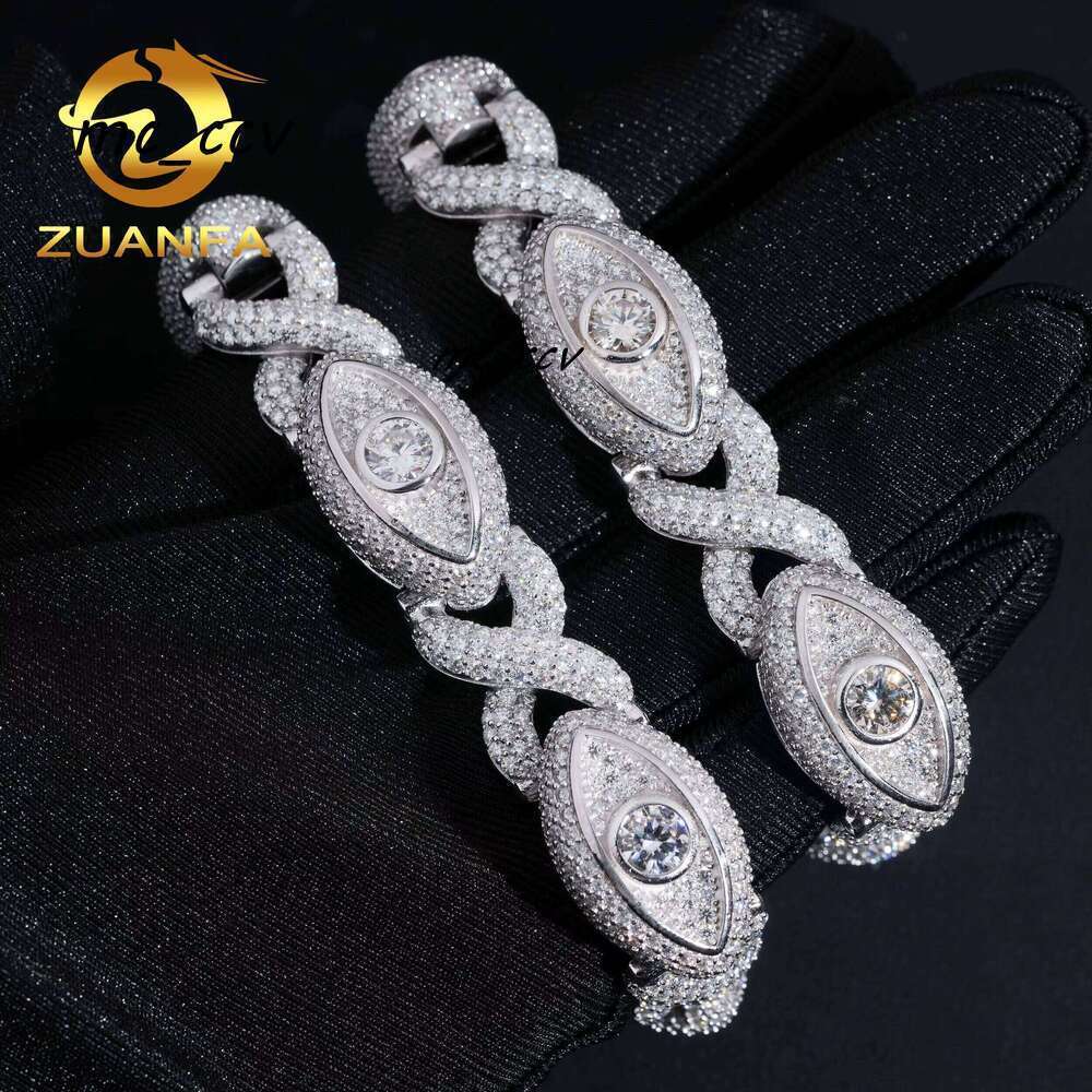 15Mm Iced Out Eye Design Sier Hip Hop Jewelry Unisex Moissanite Cuban Chain Bracelet