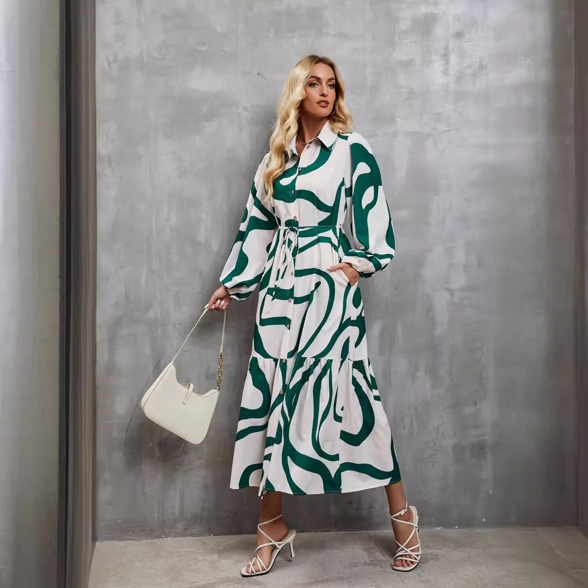 Womens Spring and Autumn Fashion Printed Casual Loose Laceup Shirt Dress