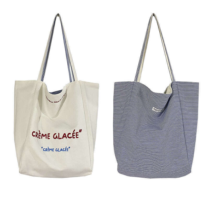 New Reversible Striped Shoulder Large Capacity Tote High-Quality Embroidered Student Canvas Commuter Bag