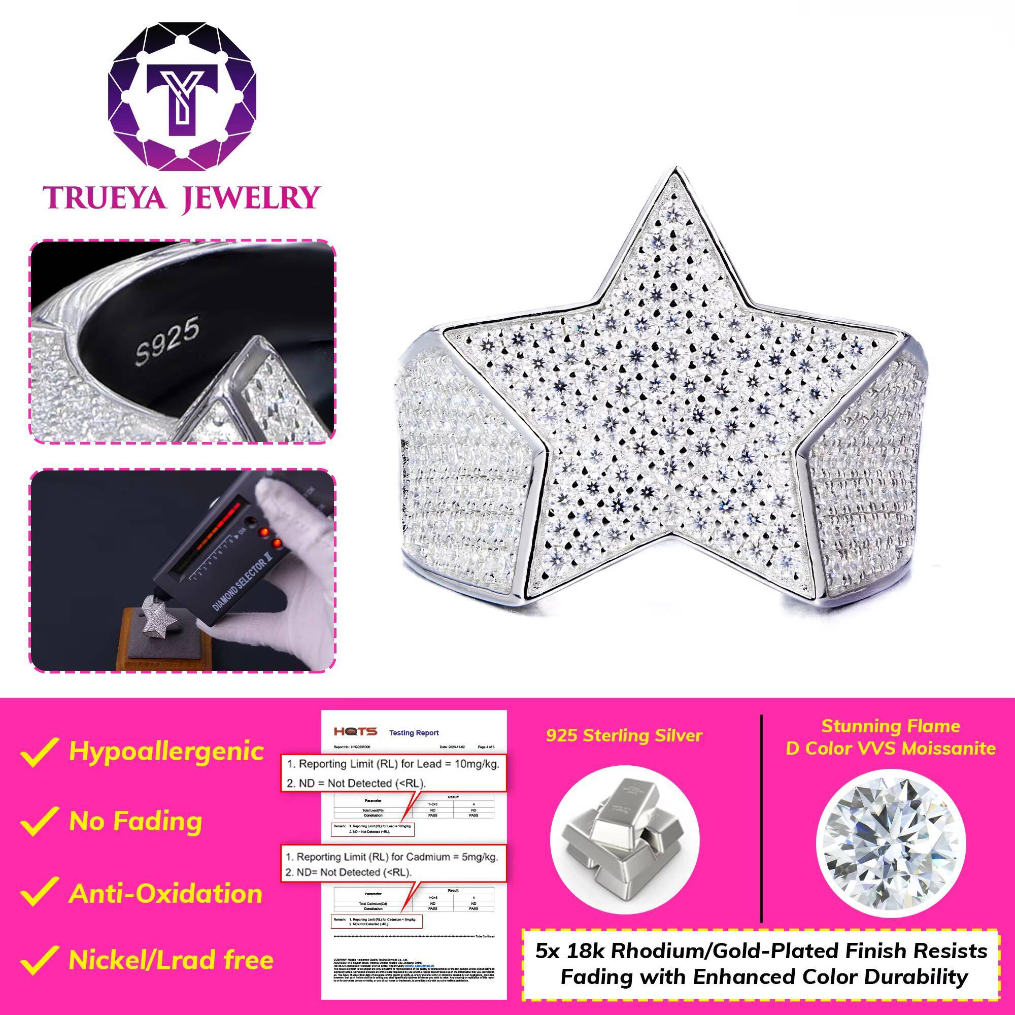 Spot Wholesale Luxury 925 Sterling Silver Mossanite Jewelry Cluster Full Iced Out Vvs Diamond Moissanite Star Shape Hip Hop Ring