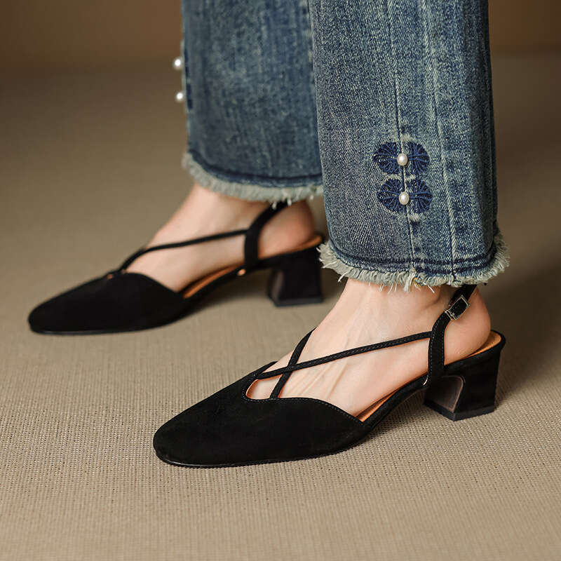 5cm Thick Genuine Leather Cross Strap Closed-Toe Sandals for Women Summer Elegant Backless Silver High Heel Mary Jane Shoes