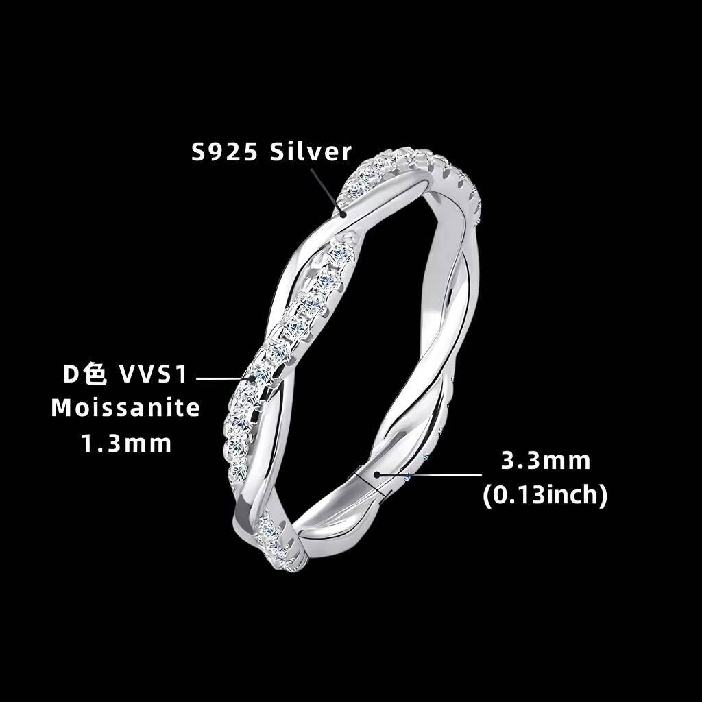 925 Silver 13mm Round Cut D Color Moissanite Wedding Twist Shank Band Ring for Women Full Eternity Design Promise Jewelry