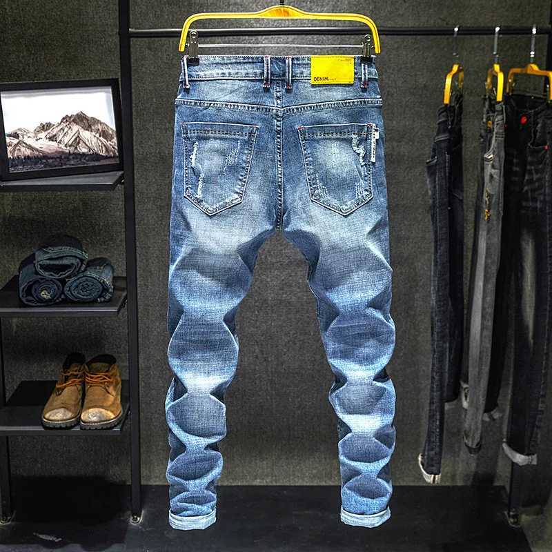 Men Stretch Slim Ripped Jeans Hip Hop Streetwear Korean Vintage Distressed Little Feet Pants Personality Male Trousers W250905