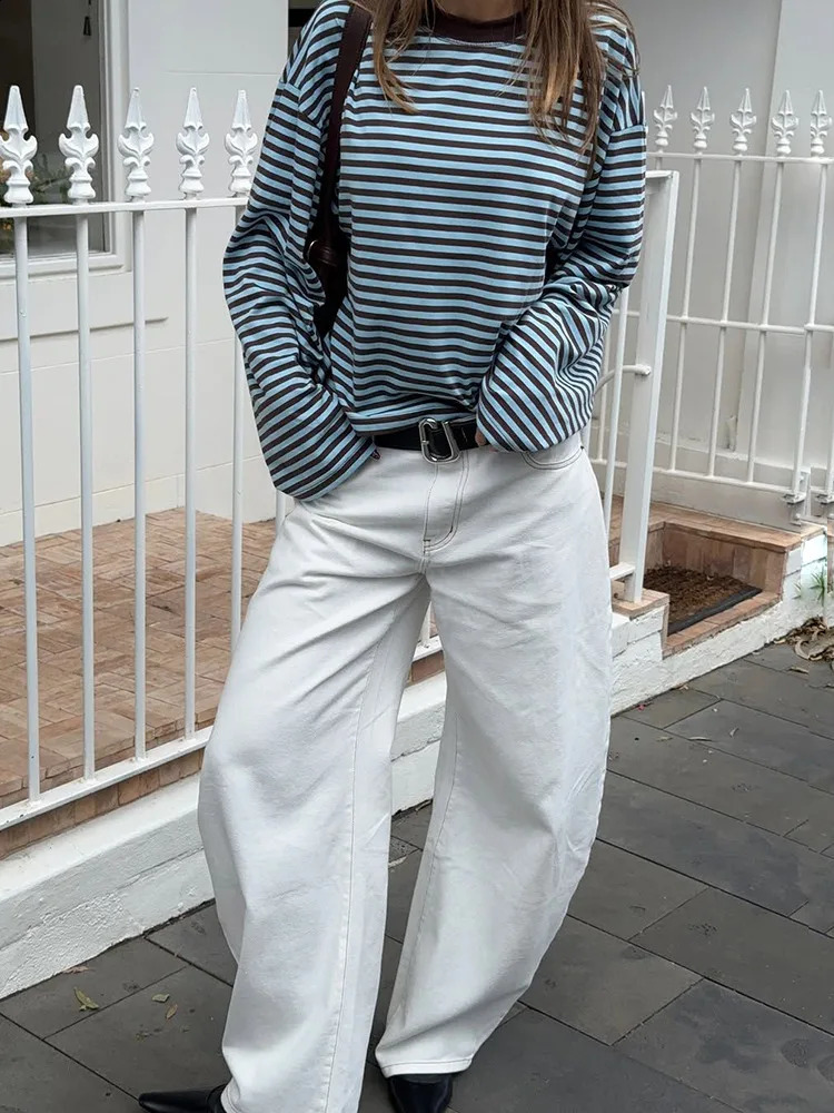 Absobe Womens Fashion Stripe Loose Tshirt ONeck Long Sleeve Color Contrasted Patchwork Straight Fit Top Casual Streetwear 250905