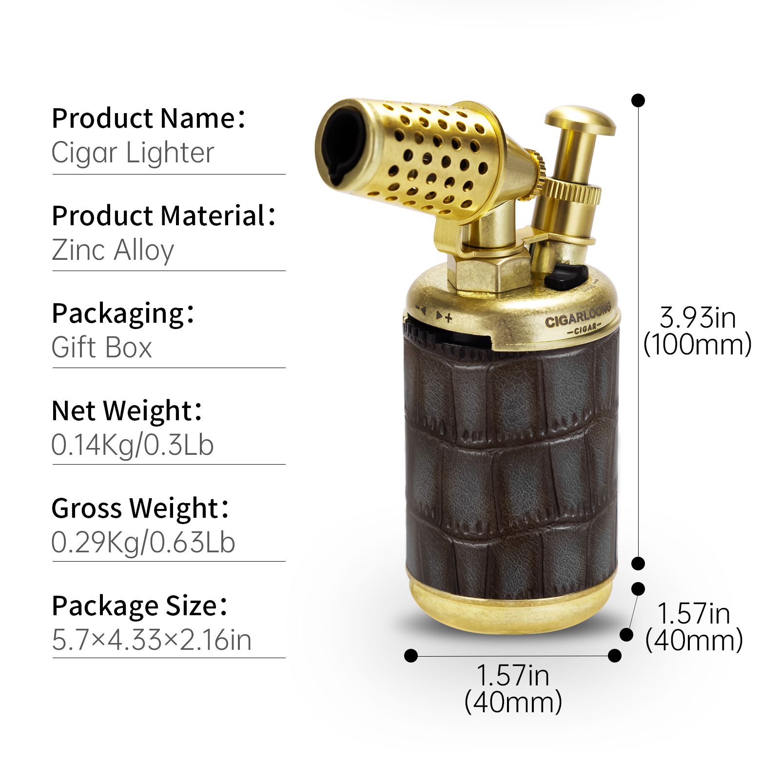 CIGARLOONG Torch Lighter,2-in-1 Windproof Butane Refillable Lighter Built-in Cigar Punch with Gift Box Without Gas W260202