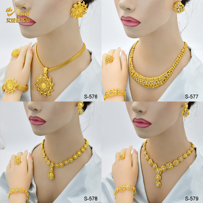 Dubai 24 K gold jewelry bride jewelry set Saudi womens necklace bracelet earring ring set of four 230809