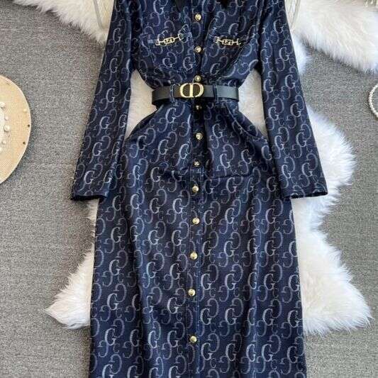 Spring And Autumn High-End Socialite Elegant Long-Sleeve Turn-Down Collar Elegant Waist-Cinching Mid-Length A-Line Letter Print Shirt Dress