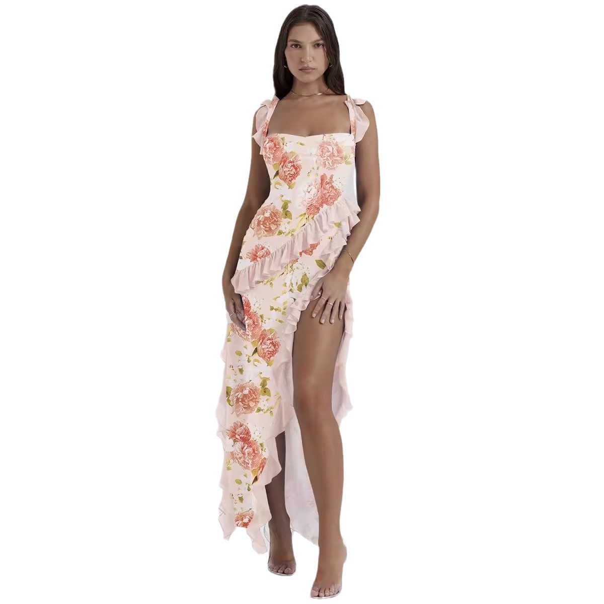 2024 Summer New French Style Spaghetti Strap Ruffle Design Sexy Split Long Dress for Women