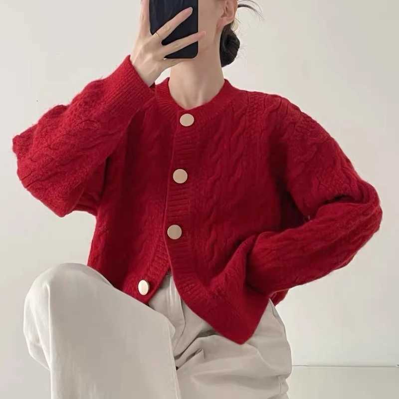 Korean Fashion Long Sleeve Womens Cardigan Knitted Jacquard Sweater Autumn Winter Solid Single Breasted Loose Versatile Tops Z250905