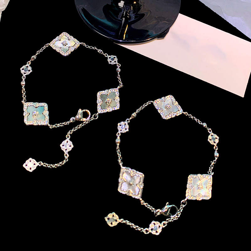 Silver Tone Bracelet With Mother-of-Pearl Four-Leaf Clover Motifs & Crystal Detail Elegant Luxurious Style Daily & Special Occasion Wear Gift For Her 