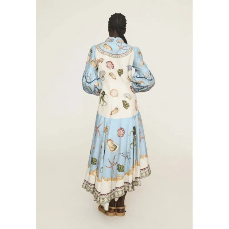 Women Vintage Floral Printed Shirt Collar Dresses Puff Sleeve Single Breasted Spring Summer Long A Line Female Elegant Vestidos 250904