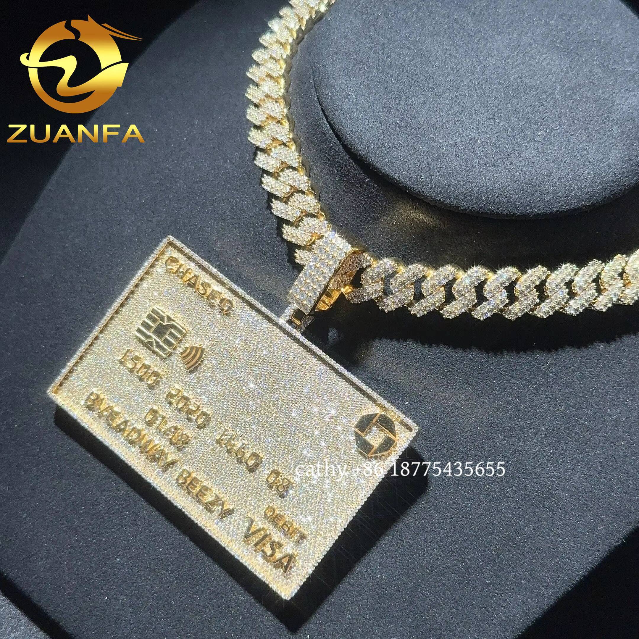 3inch Solid Credit Card Fully Iced Out Moissanite Diamond Pendant 925 Silver Big Bank Card Hip Hop Pendant for Chain