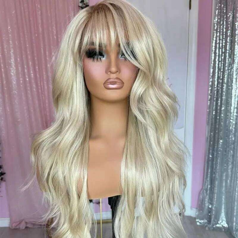 Ombre Icy Blonde Loose Wave HD Transparent Lace Front With Bangs Realistic Hairline Wig For Women High Density Daily/Cosplay