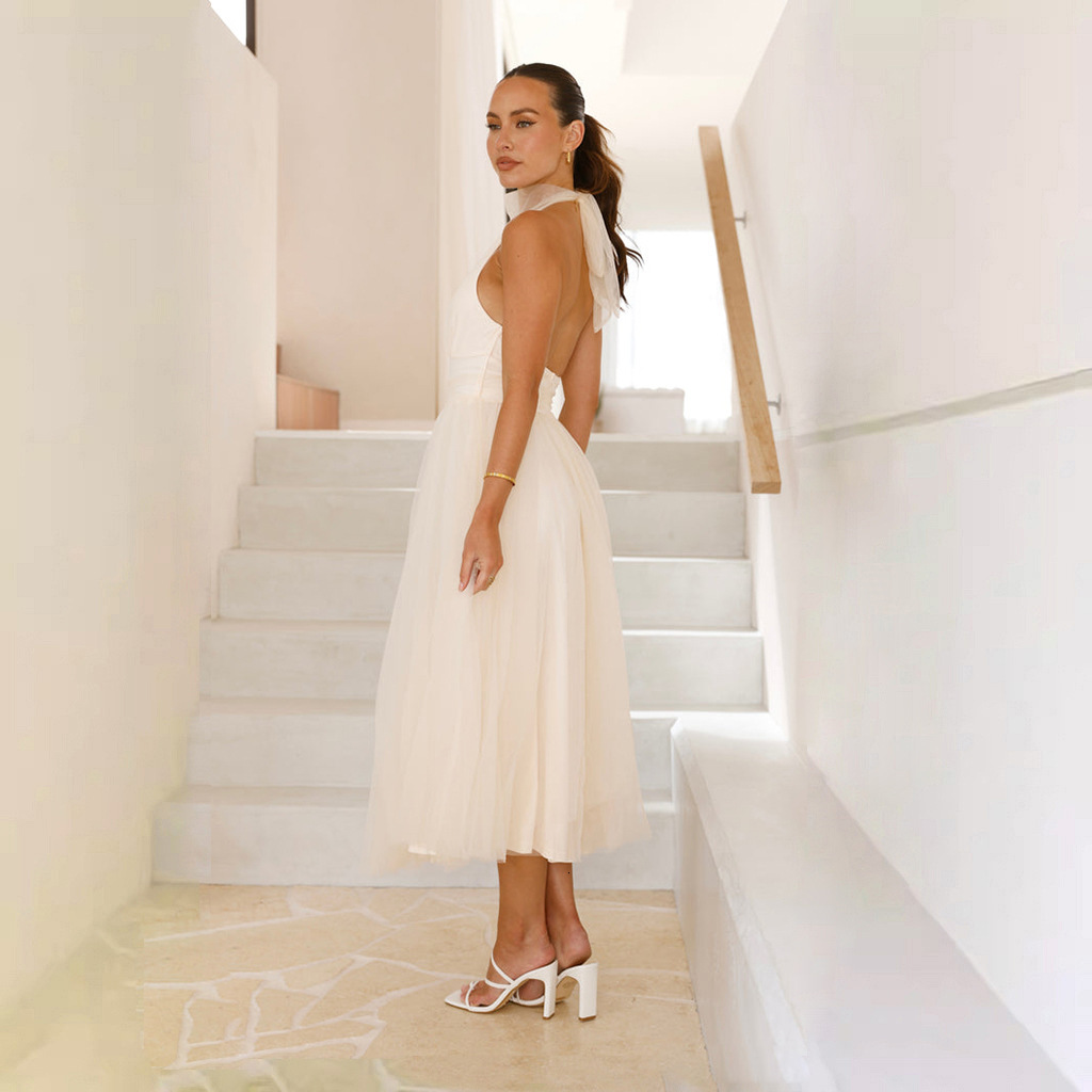 Womens Clothing 2025 Spring Summer New Highend Fashion Mesh Highneck Casual Halter Dress for Women