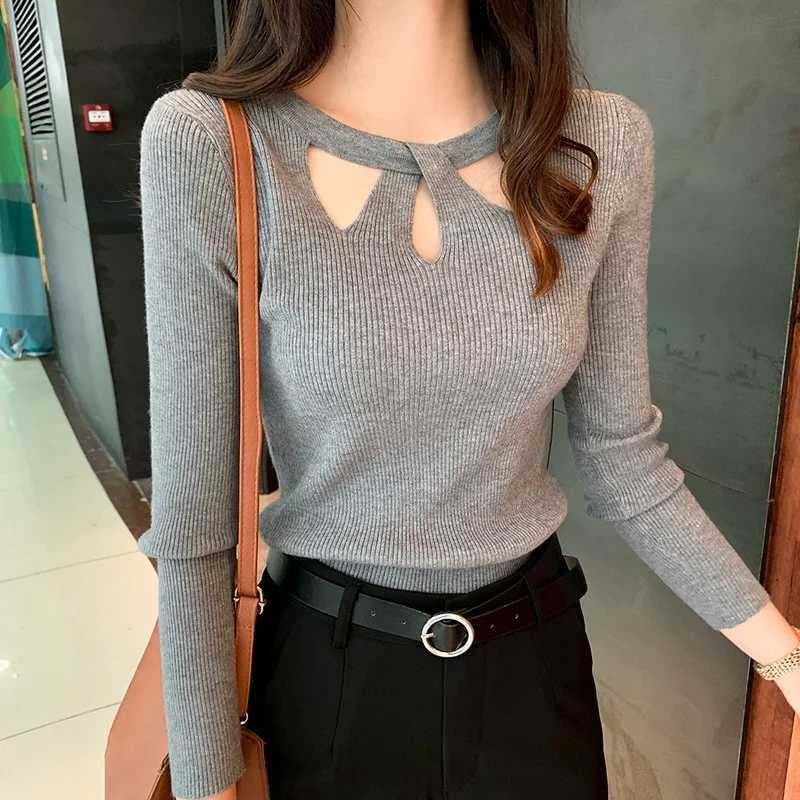 Womens Oneck Stretch Sexy Pullover Lady 2025 Autumn Winter Hollow Solid Color Sweater Slim Bottoming Shirt Jumper Sueter Z250905