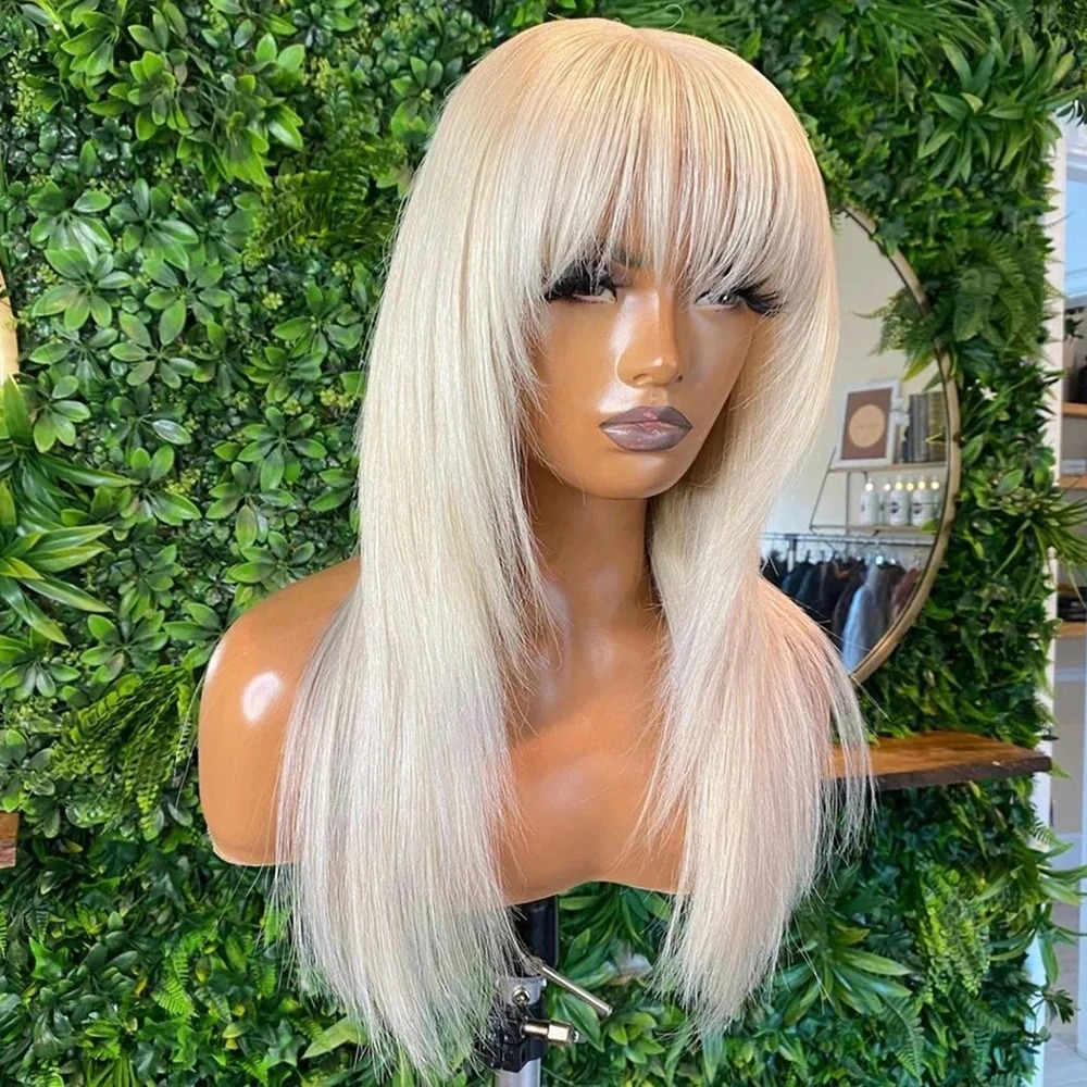 Straight Human Hair Wig Layered Cut Wigs with Bangs White WigHD Lace Wig Glueless Wear And Go Lace Frontal Wig For Women Heat Resistant Wig