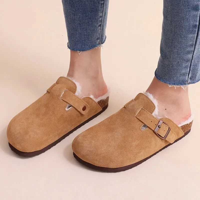 Fur Boston Clogs For Women Winter Fashion Cork Insole Warm Plush Slippers Shoes With Arch Support Cozy Home Furry Suede Mules W250905