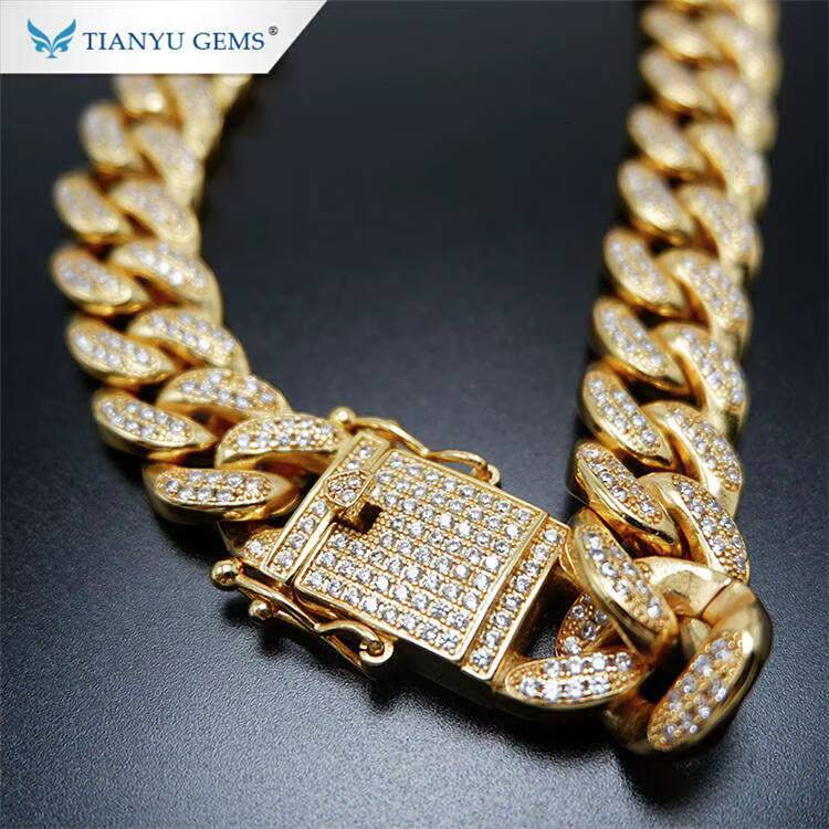 Tianyu Gems Ice Out Jewelry Chain Hip Hop Moissanite Diamonds Customized Cuban Link 14k 18k Pure Gold Chains Necklace