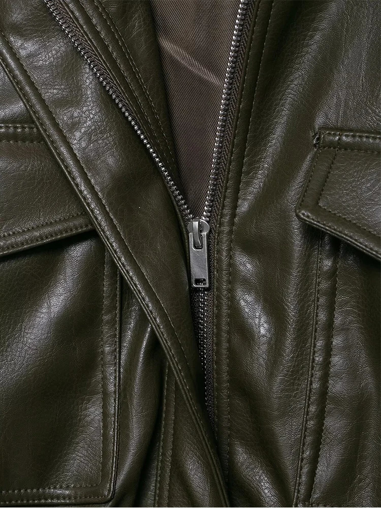 Women Faux PU Leather Short Jacket Casual Chic Stand Collar Slim Fit Cropped High Street Pocket Motorcycle Coat 250905