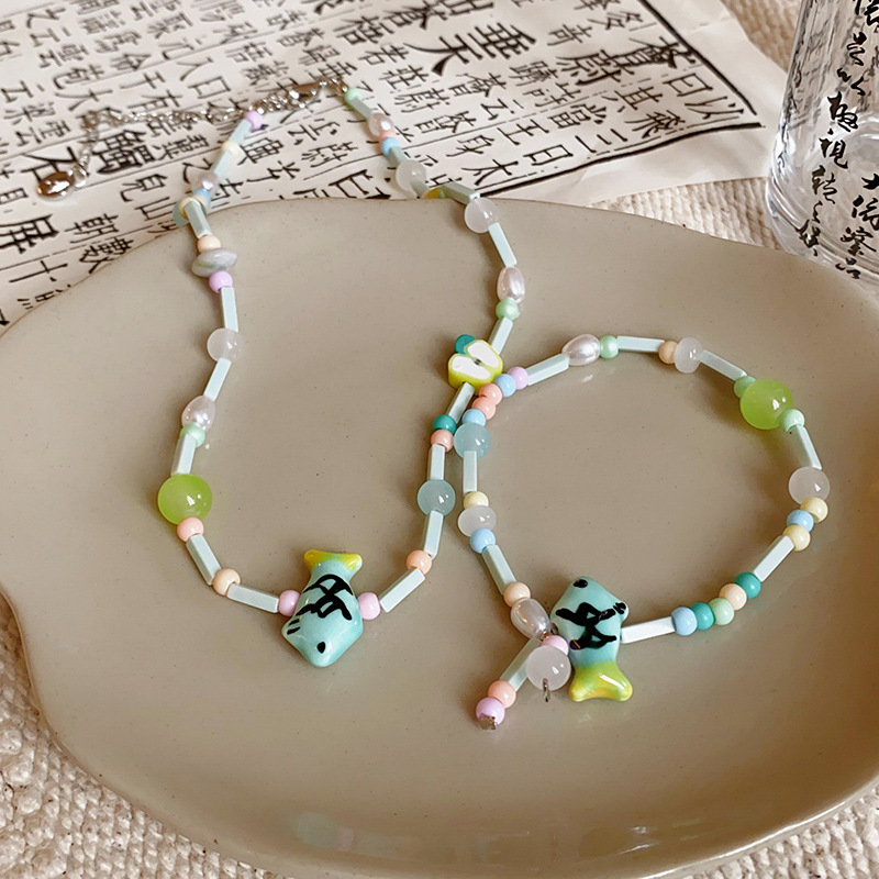 Silver Tone Beaded Necklace With Pastel Colored Beads & Cute Fish Pendant Sweet Playful Style Daily & Summer Wear Gift For Her Whimsical Jewelry