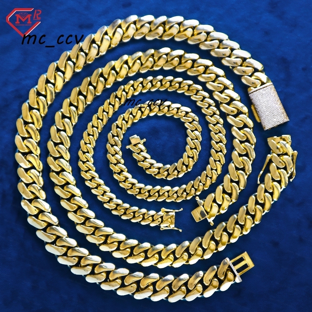 Hiphop Miami Cuban Chain Iced Out 9mm Pure 925 Sterling Silver 14K Gold Plated Moissanite Cuban Link Chain