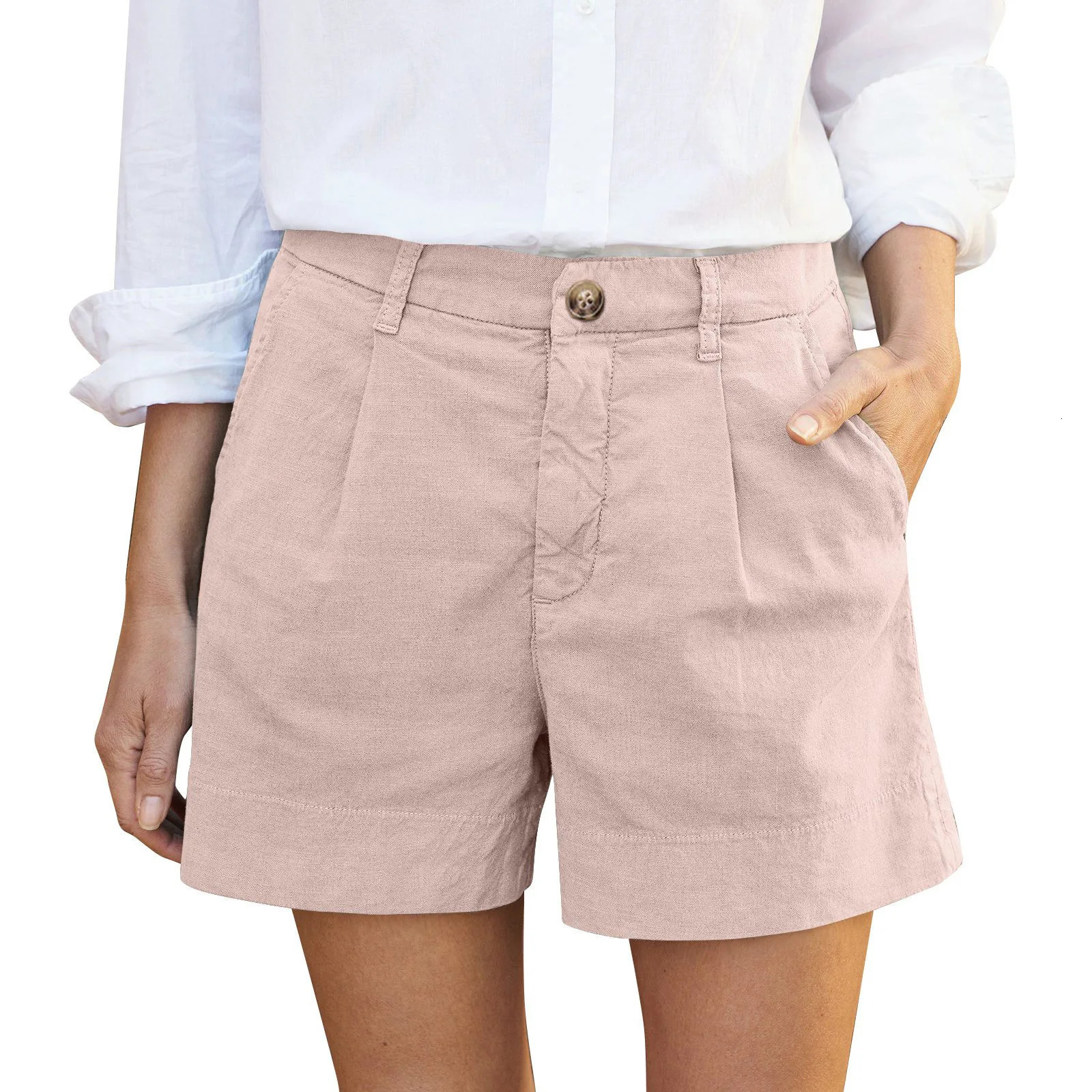 Cotton Linen Solid Shorts For Women Button High Waist Summer Loose Casual Pockets Shorts Female Pants Women Clothing 250905
