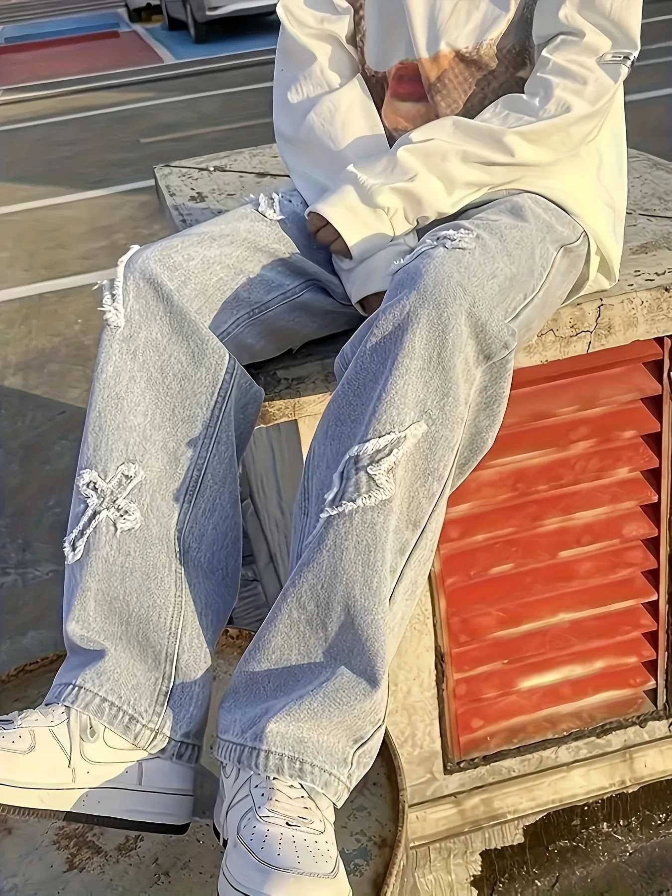 Mens jeans patch lightning jeans mens loose jeans wornout jeans W250905