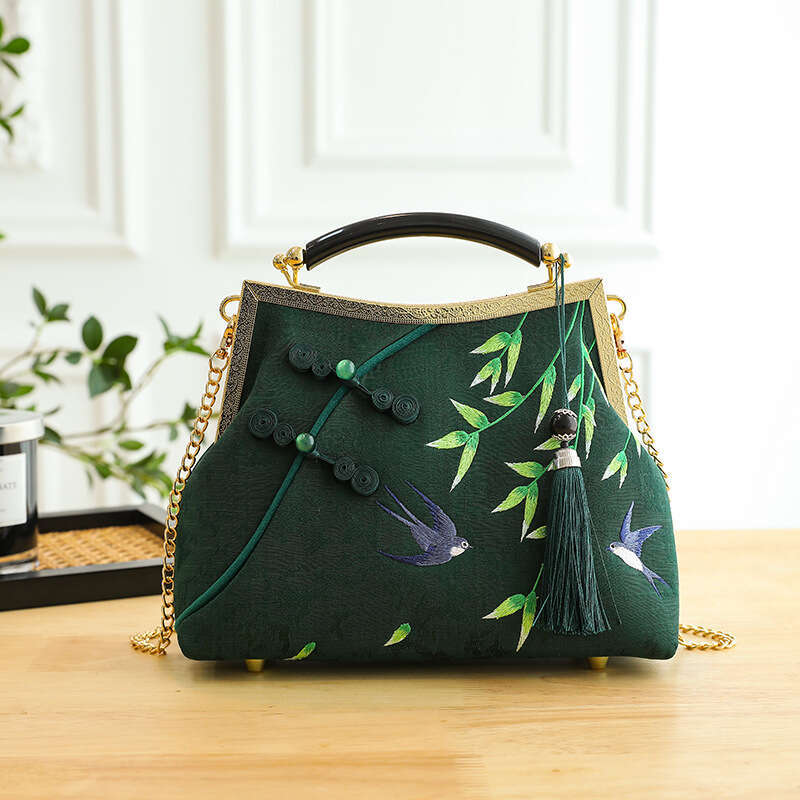 Rich Bamboo Embroidered Handbag Female Catwalk New Big Buckle Decorative Chinese Style Elegant Cheongsam Bag