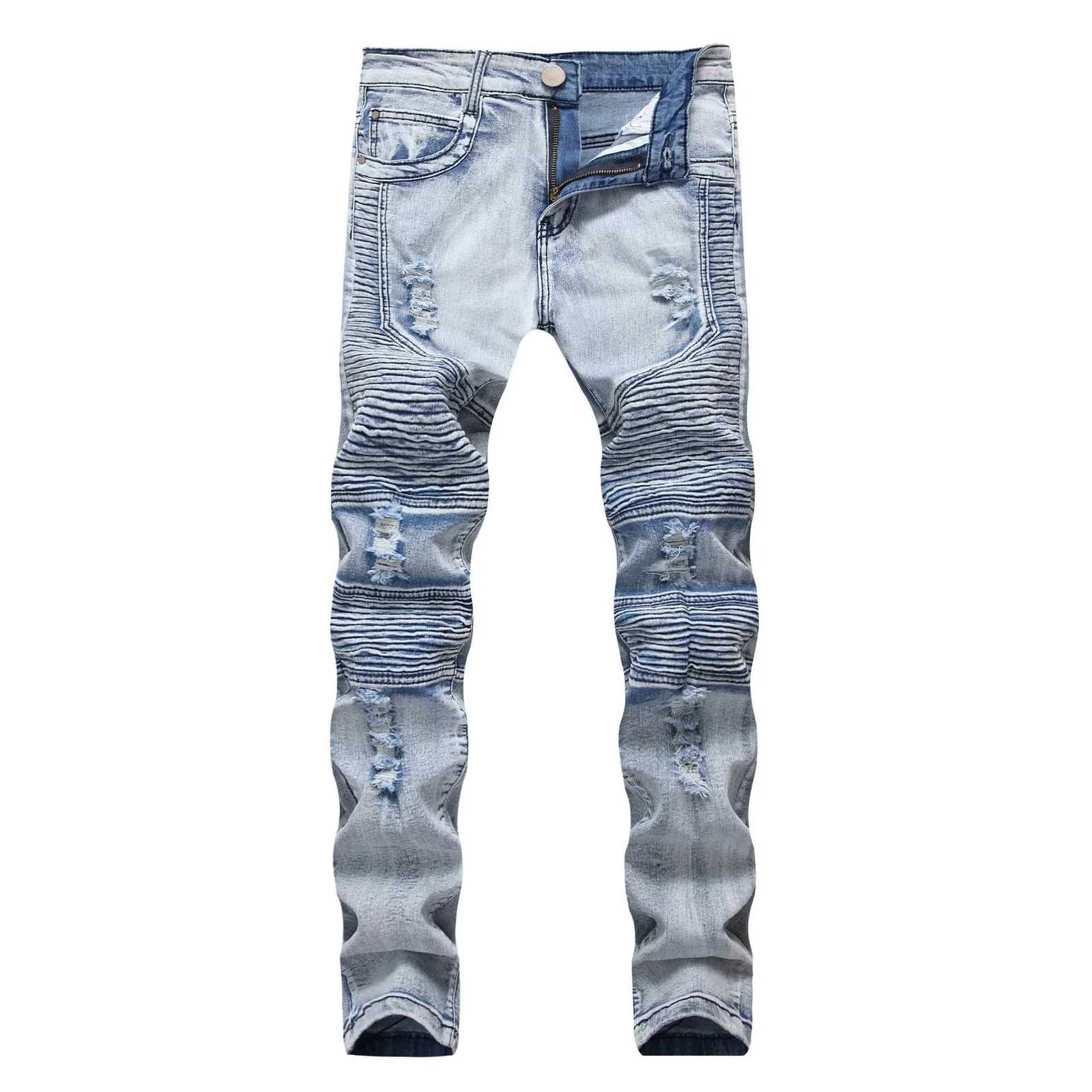 Trendy Brand Motorcycle Mens Jeans Unique Ripped Slim Fit Streetwear High Elasticity Smooth Slimming Effect Casual Denim W250905