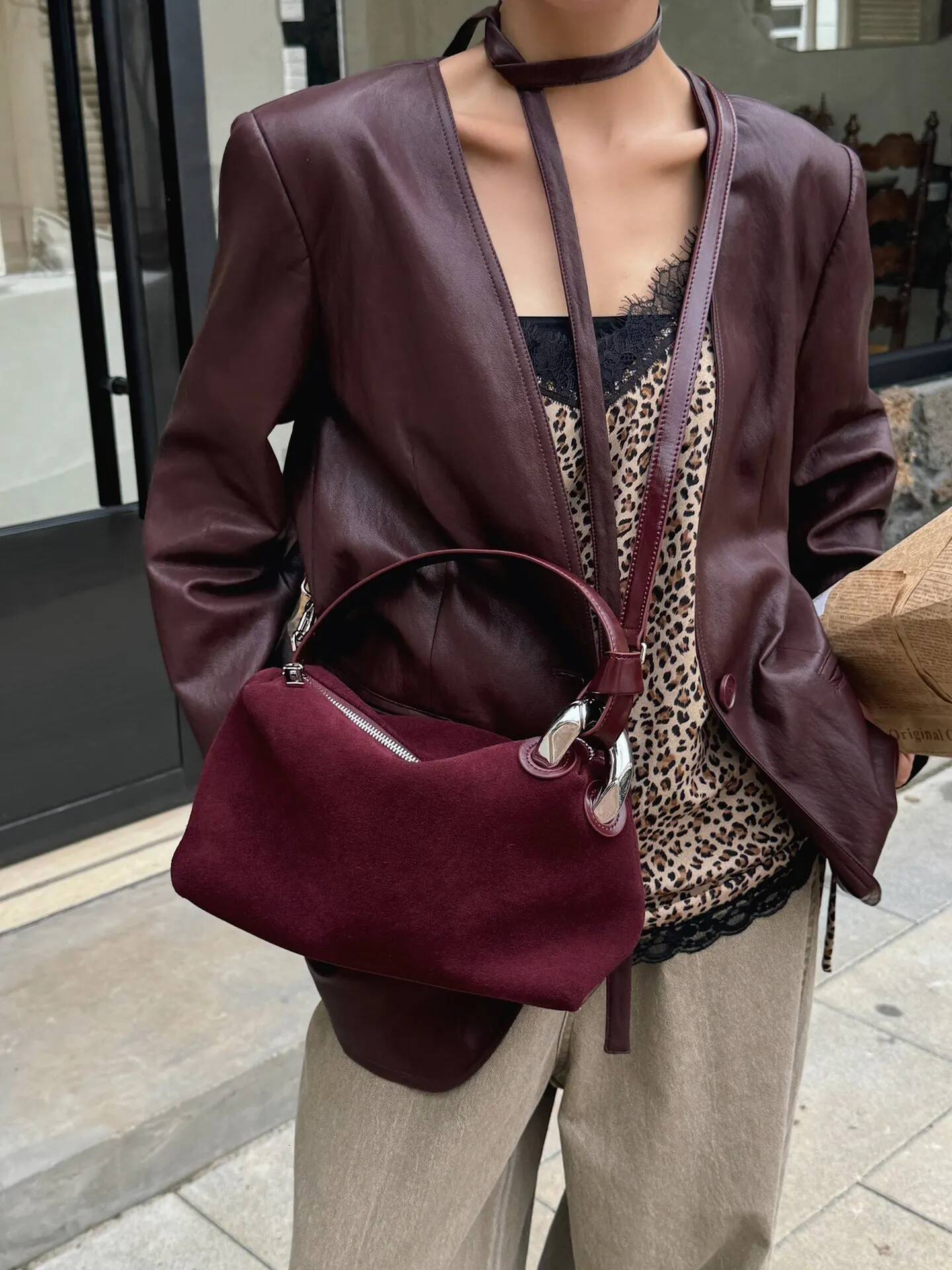 Women's genuine leather high-end nubuck suede handbag commuter shoulder crossbody bag niche design sense 2025 new