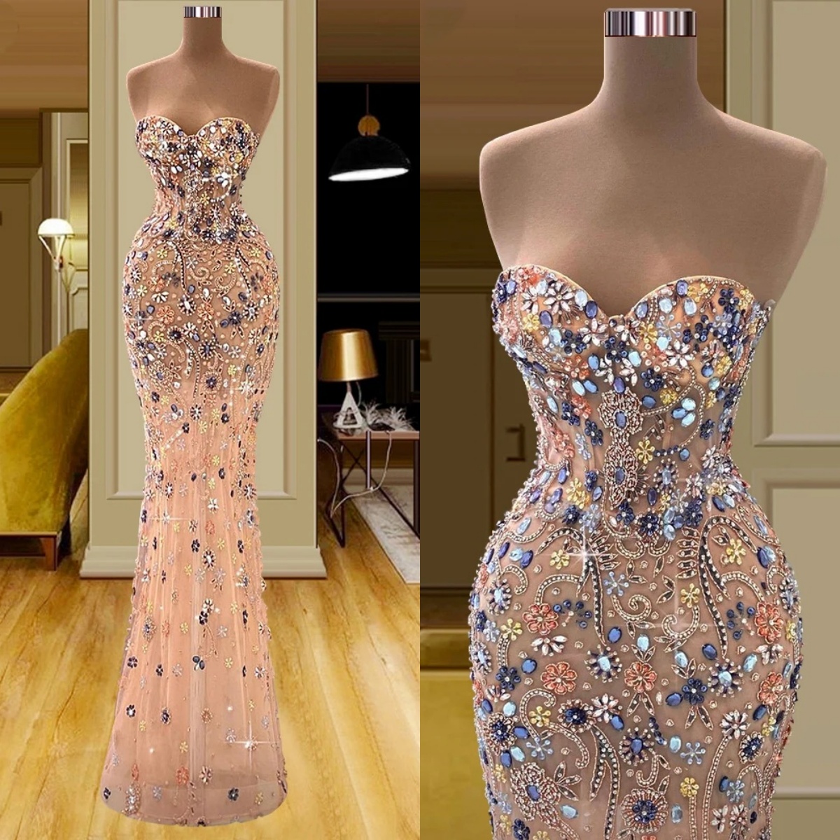Sparkly Evening Dresses Crystal Sequins Gown Sweetheart Neck Sleeveless Floor Length Dress Party Customized Dress