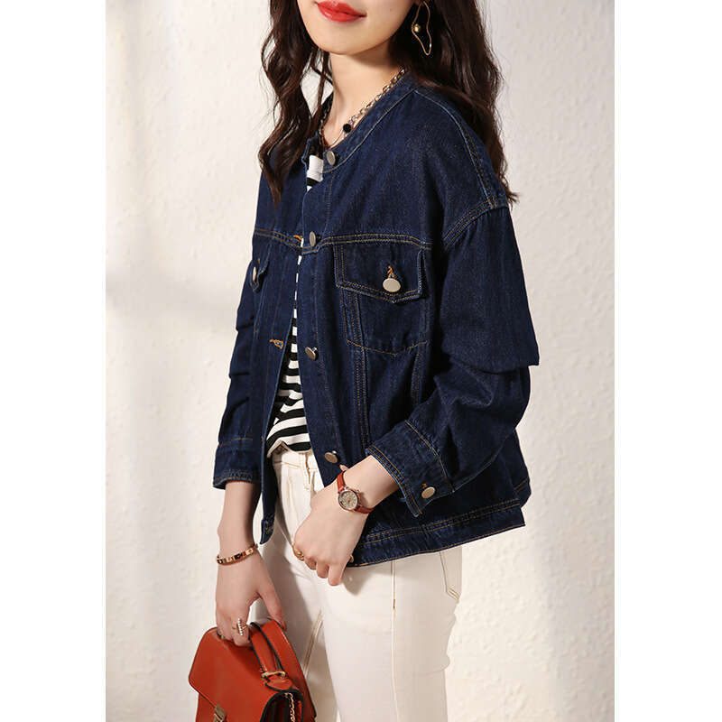 Round Neck Workwear Jacket Early Spring Women's Fashion New Short Blue Denim Top B5