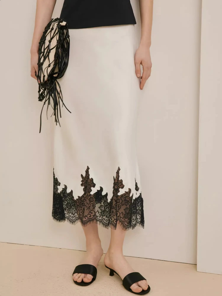 Summer Lace Patchwork Satin Midi Skirt HighQuality Elegant for Women Daily Office Vacation Wear 250905