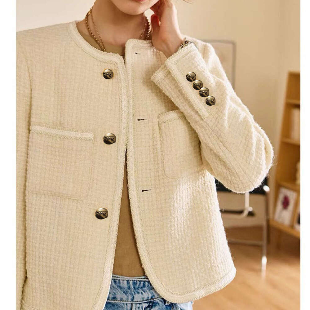 Wool Tweed Spring Outfit Elegant Socialite Style Black And White Metal Button Coat Women's Clothing B5