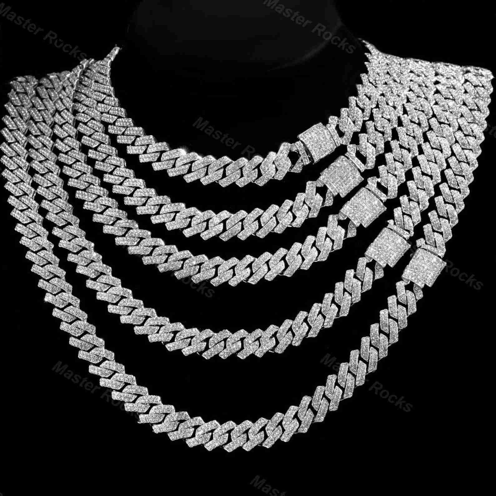 Vvs Moissanite Cuban Sterling Silver Cuban Link Chain 10mm 12mm 14mm 2rows Necklace Gold Plated Chain Hip Hop Cuban Chain