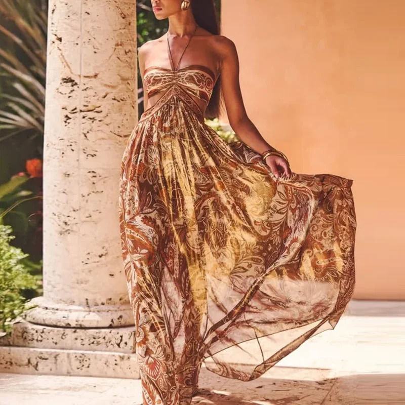 Women Hanging Neck Sleeveless Waist Maxi Dress Sexy Floral Print Hollow Out Backless Holiday Dress Lady Chic Evening Gown 250905