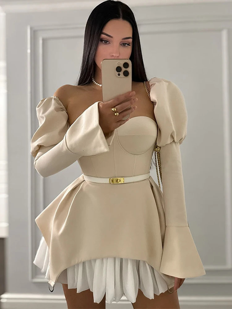 Bubble Sleeve Slim Patchwork Short Dress Woman Chic Solid Color Irregular Pleated Dresses Elegant Womens Fashion Mini Dresses 250905