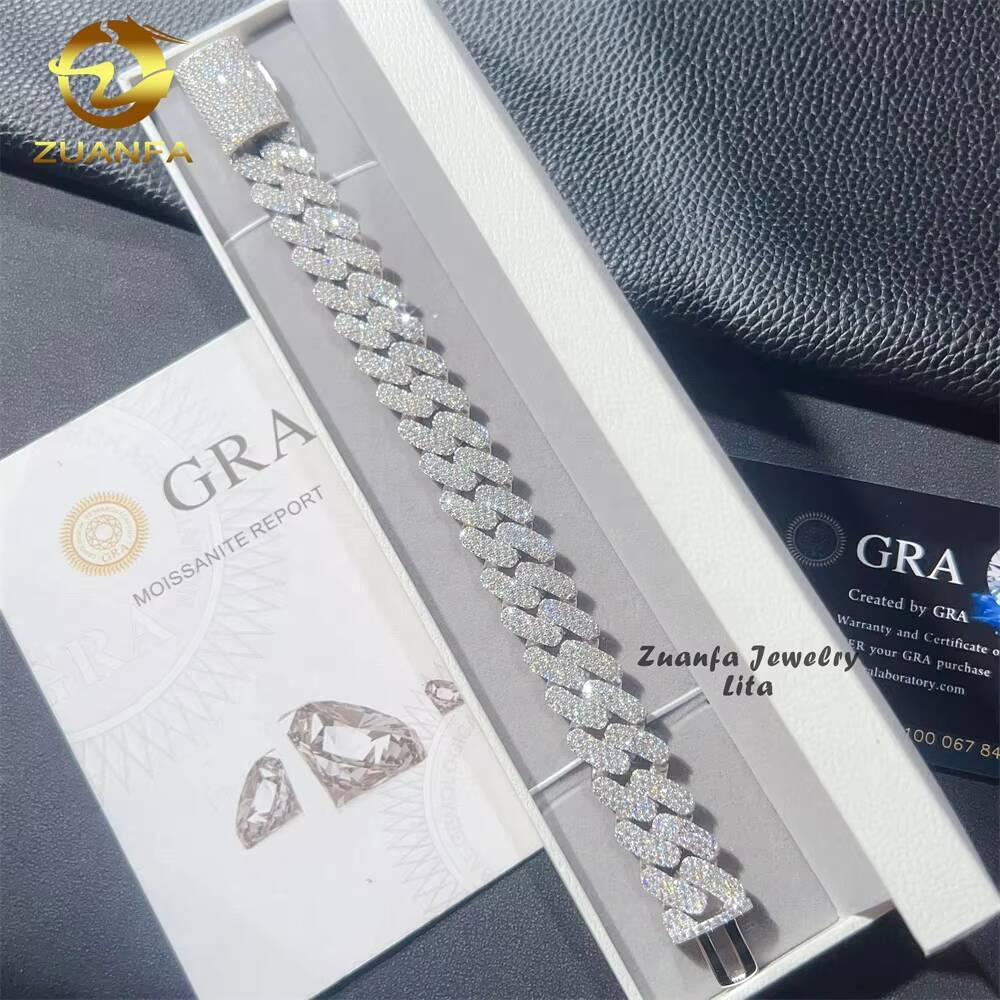 Hip Hop Style Iced Out 16mm Three Row 925 Silver Moissanite Cuban Link Chain Bracelet for Men