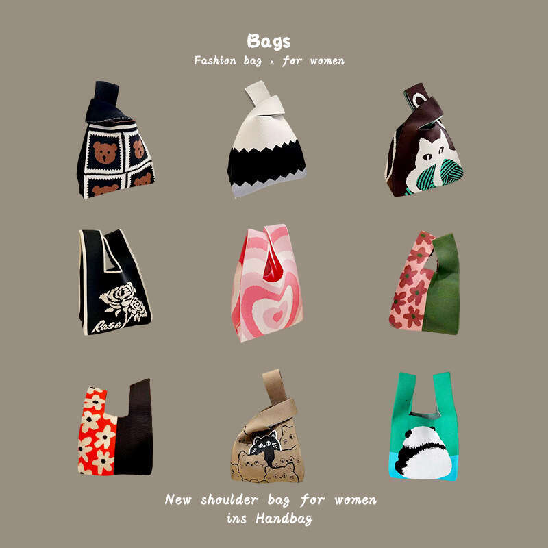 New INS Internet Celebrity Trendy Handbag for Women Knitted Wool Bucket Handheld Casual Tote Lunch Bag