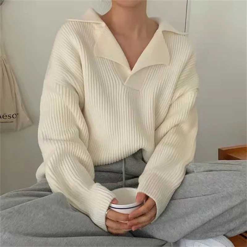Solid Color Korean Collar Long SLeeve Womens Knitted Sweater Autumn Winter Sweet Casual Versatile Soft Loose Pullover Tops Z250905