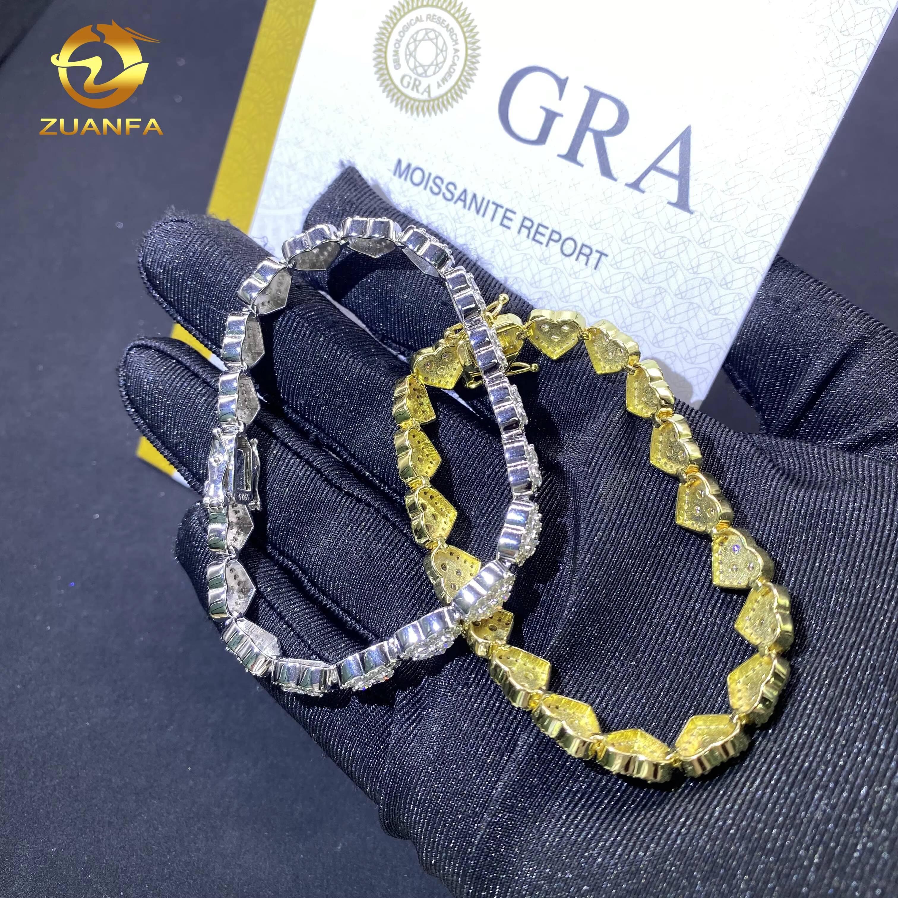 8mm Heart Shape Hip Hop Jewelry Iced Out Diamond Cuban Link Chain 925 Sliver VVS Moissanite Miami Cuban Chain Bracelet